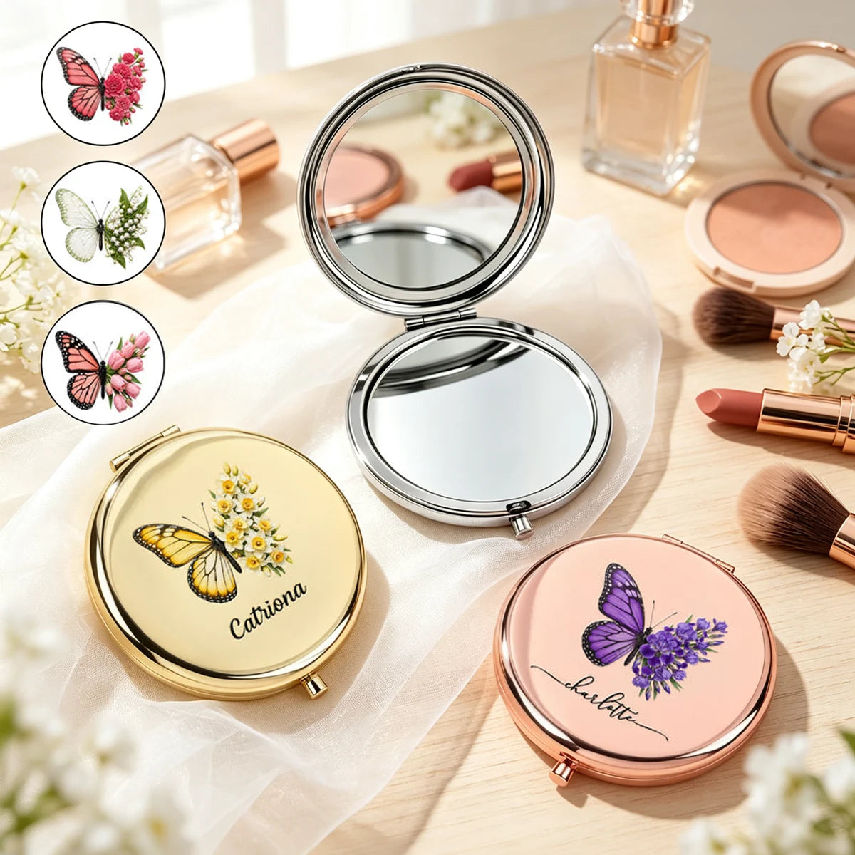 Personalized Metal Compact Mirror with Birth Flower Butterfly Art, Unique Gift for Friend or Bridesmaid