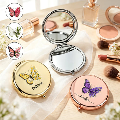Personalized Metal Compact Mirror with Birth Flower Butterfly Art, Unique Gift for Friend or Bridesmaid