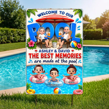 Personalized Rectangular Iron Sign, Cartoon Grandparents & Grandkids Pool Decor, Unique Gift