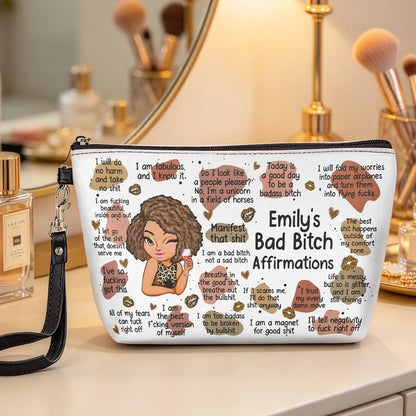 Personalized Women's Zipper Makeup Bag, Illustrated Woman with Bold Affirmations, Unique Gift for Friend