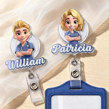 Personalized Acrylic Badge Reel with Cartoon Nurse, Unique Creative Gift for Healthcare Workers