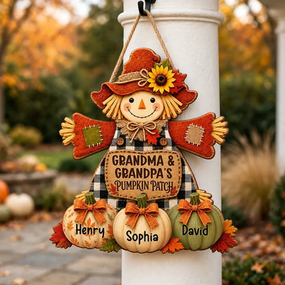 Personalized Wooden Sign with Smiling Scarecrow & Pumpkins, Autumn Porch Decor, Unique Gift for Grandparents