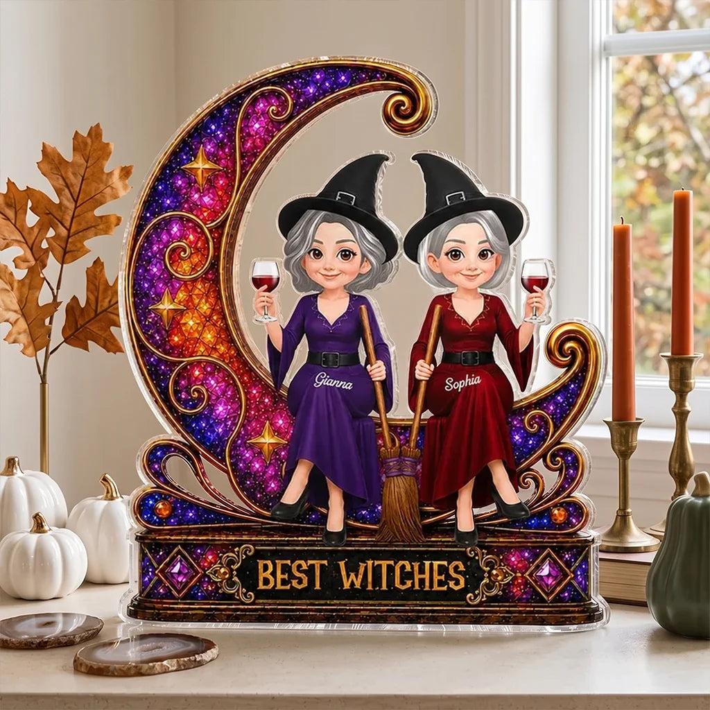 Personalized Shaped Acrylic Block Plaque, Witch Friends on Jeweled Crescent Moon, Unique Gift for Friend