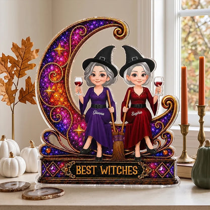 Personalized Shaped Acrylic Block Plaque, Witch Friends on Jeweled Crescent Moon, Unique Gift for Friend