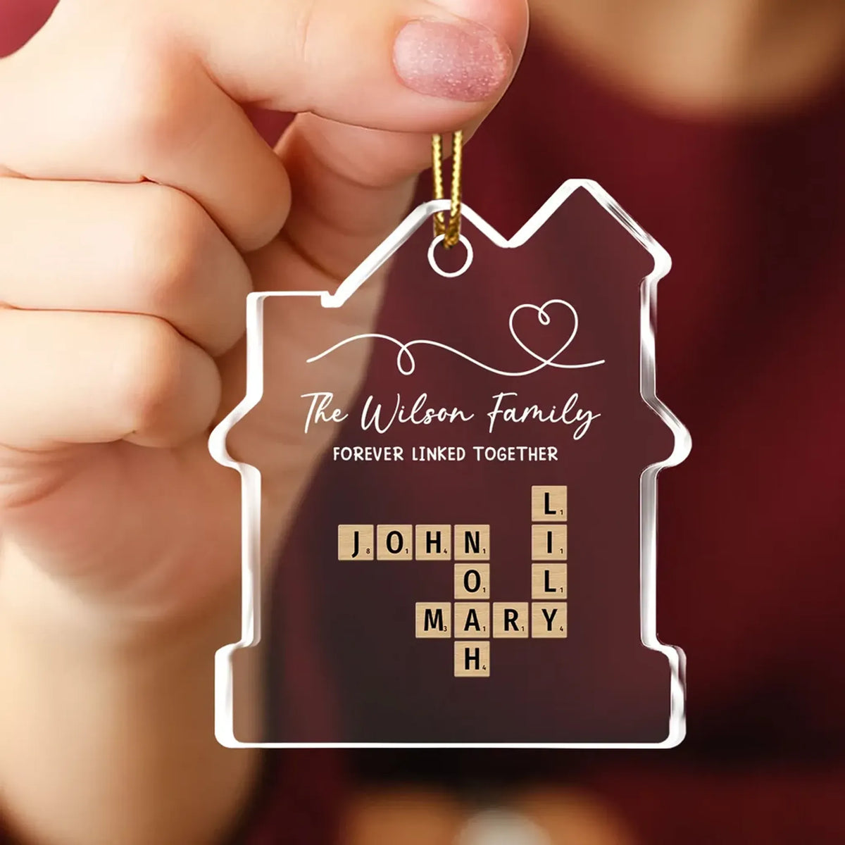 Personalized Acrylic Ornament, House Shaped Family Keepsake With Linked Heart, Unique Gift for Parents