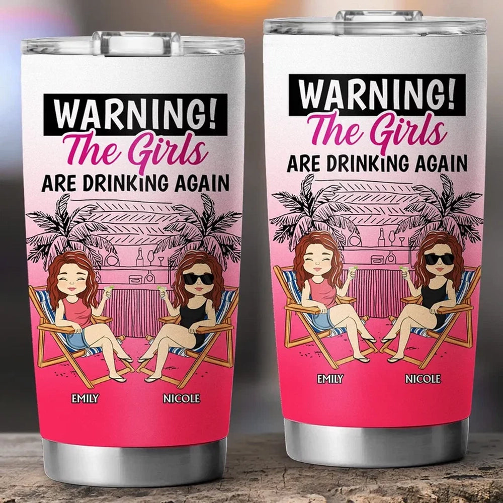 Personalized Insulated Travel Tumbler, Tropical Friends Sipping Drinks, Unique Gift for Best Friend