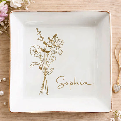 Elegant Jewelry Dish Personalized with Name, Minimal Gold Bouquet Vanity Catchall, Thoughtful Sentimental Gift