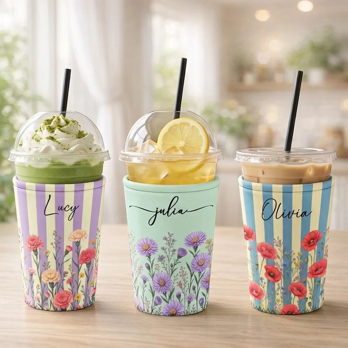 Personalized Neoprene Cup Sleeve, Cheerful Botanical Art, Creative Gift for Friends, Sisters & Coworkers