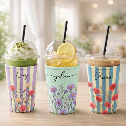 Personalized Neoprene Cup Sleeve, Cheerful Botanical Art, Creative Gift for Friends, Sisters & Coworkers