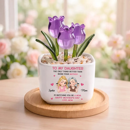 Personalized Square Glass Planter with Purple Tulips, Unique Creative Gift for Daughter From Mom