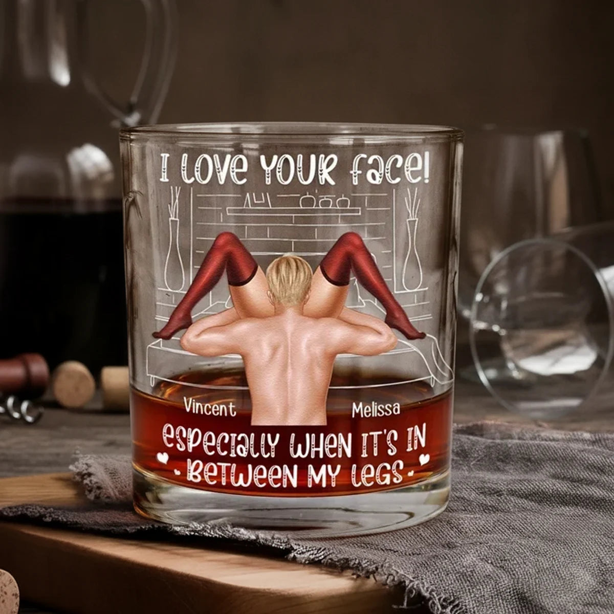 Personalized Whiskey Glass with Playful Intimate Couple Illustration, Unique Romantic Gift for Partner