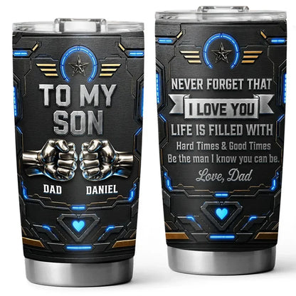 Personalized Insulated Travel Tumbler for Son, Dad Quote with Blue Neon Fists, Unique Creative Gift