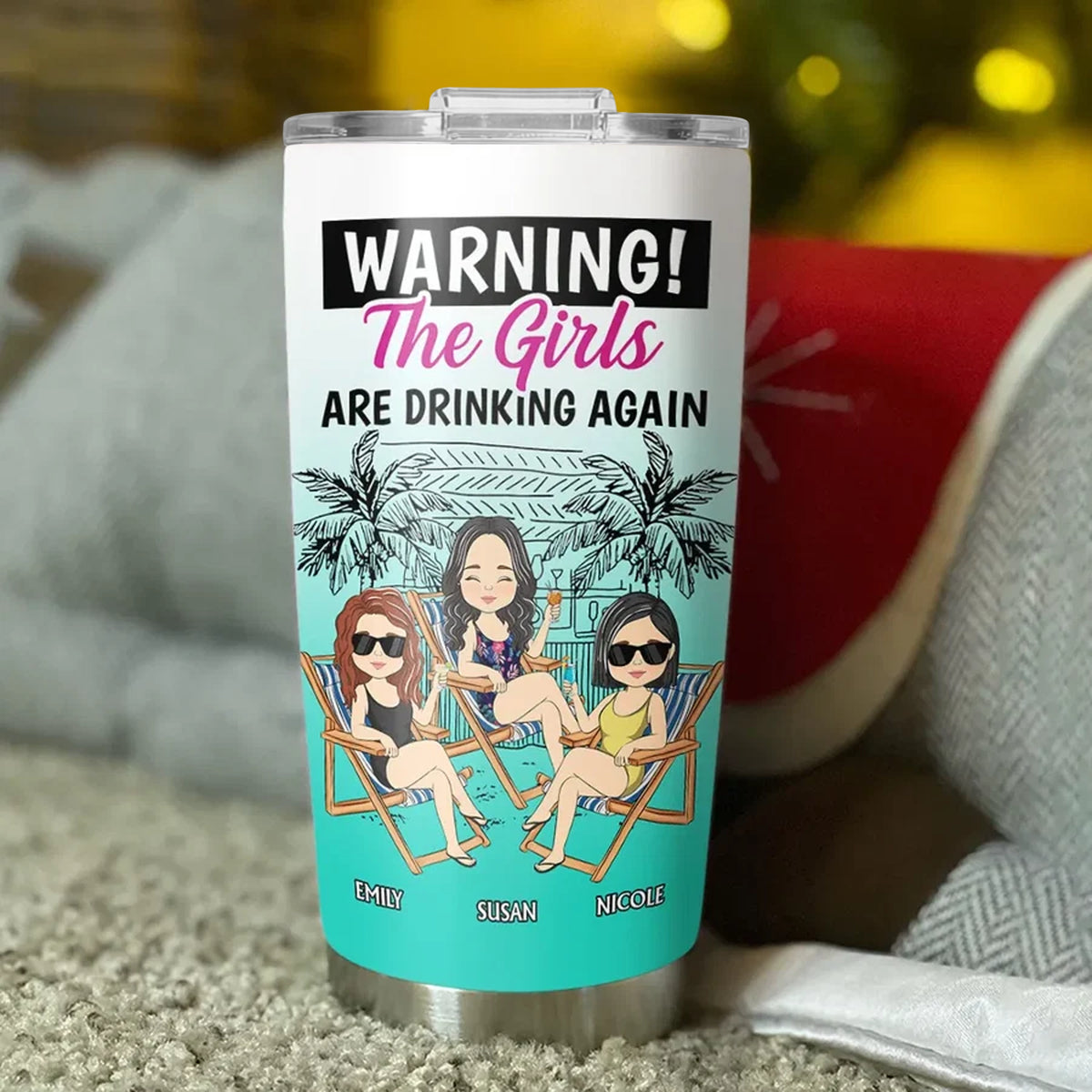 Personalized Insulated Travel Tumbler, Tropical Friends Sipping Drinks, Unique Gift for Best Friend