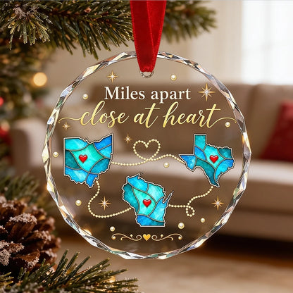 Personalized Crystal Ornament with Blue State Maps, Unique Christmas Tree Gift for Faraway Family & Friends