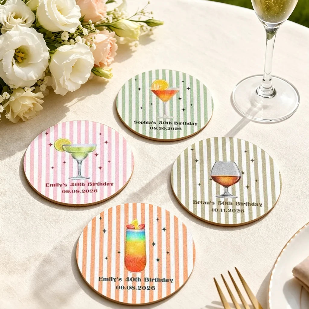Custom Round Cork Coaster for a Birthday Table, Colorful Cocktail Keepsake and Creative Gift for Family