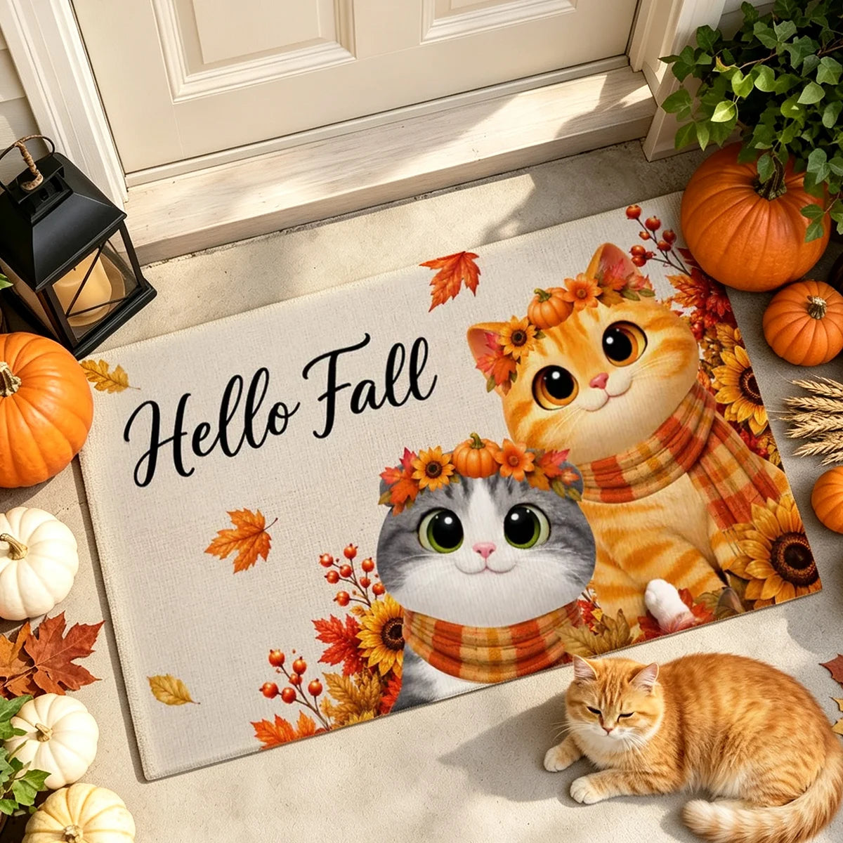 Personalized Standard Doormat, Scarf-Wearing Cats on an Autumn Porch, Creative Housewarming Gift for Cat Lovers