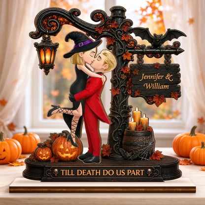 Till Death Do Us Part Wooden Plaque, Personalized Kissing Couple Halloween Scene, Creative Gift for Partners