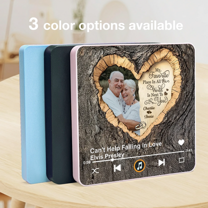Personalized Acrylic Music Magnet with Couple Photo Heart Woodgrain Look, Romantic Fridge Decor, Unique Gift for Him or Her