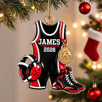 Personalized Wrestling Acrylic Ornament with Gear and Medal, Creative Christmas Gift for Son