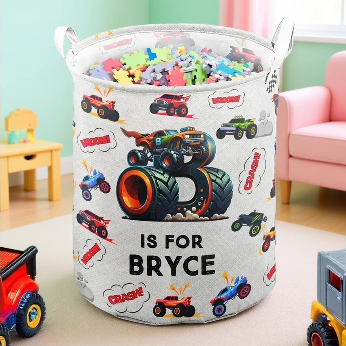 Custom Round Storage Basket with Jumping Monster Trucks, Creative Gift for a Young Car Fan