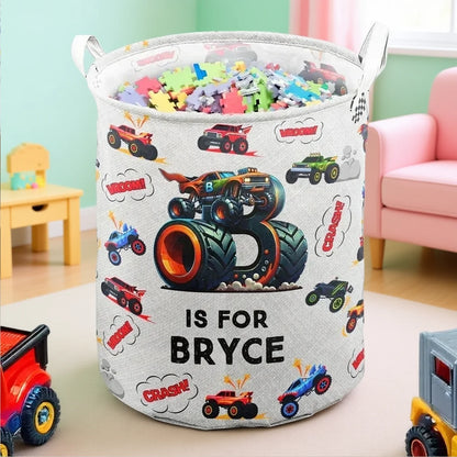Custom Round Storage Basket with Jumping Monster Trucks, Creative Gift for a Young Car Fan