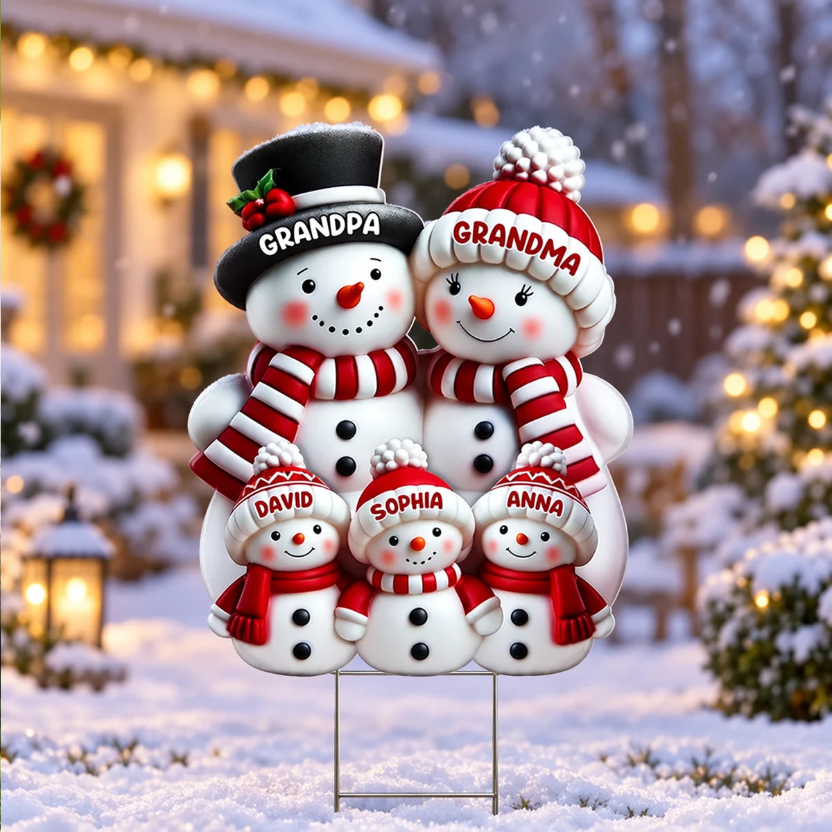 Personalized Snowman Family Shaped Yard Sign, Gathered in a Snowy Yard, Unique Christmas Gift for Grandparents