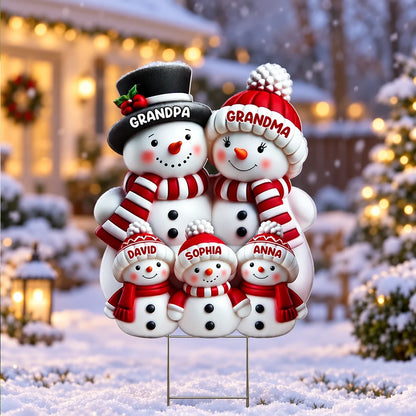 Personalized Snowman Family Shaped Yard Sign, Gathered in a Snowy Yard, Unique Christmas Gift for Grandparents