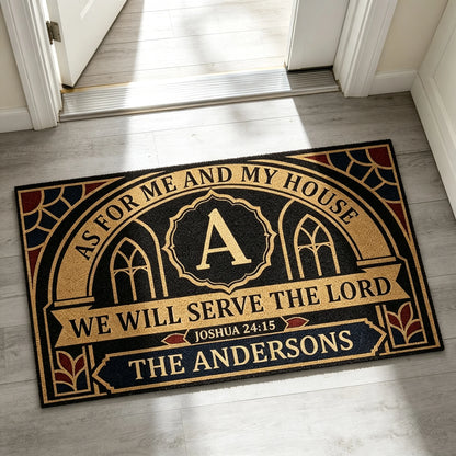 Personalized Standard Doormat, We Will Serve the Lord Bible Verse, Black and Gold Unique Housewarming Gift for Family