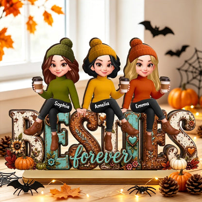 Unique Personalized 2-Layer Wooden Plaque, Cozy Fall Besties Forever Gift for Friends Holding Coffee