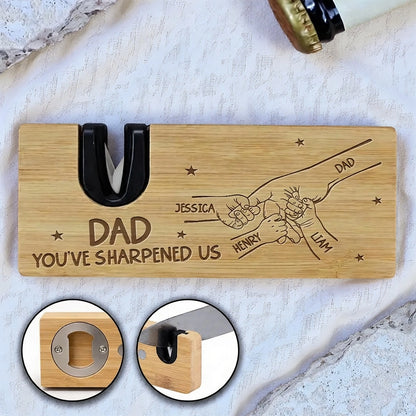 Custom Wooden Bottle Opener Sharpener with Hands Illustration, Creative Gift for Dad with Heart