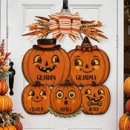Personalized Wooden Sign with Smiling Pumpkin Family, Retro Halloween Door Decor, Unique Gift for Grandparents