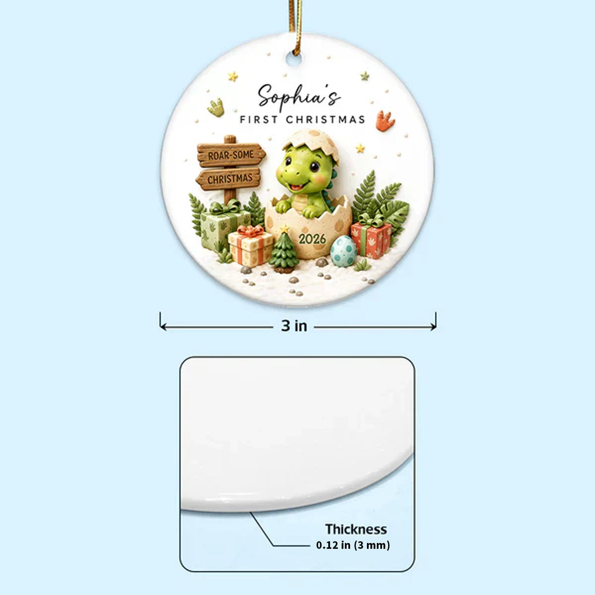 Personalized Ceramic Ornament With Cute Baby Dinosaur, Unique First Christmas Keepsake Gift for Baby