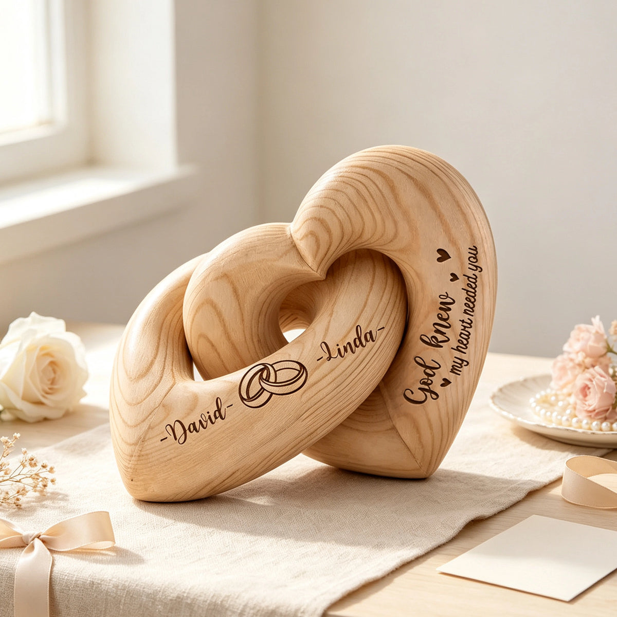 Engraved Infinity Heart Sculpture, Personalized Couple Keepsake with Rings, Unique Gift for Wife or Husband