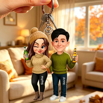 Personalized Acrylic Keychain, Cute Fall Couple Standing Together with Drinks, Unique Gift for Partners