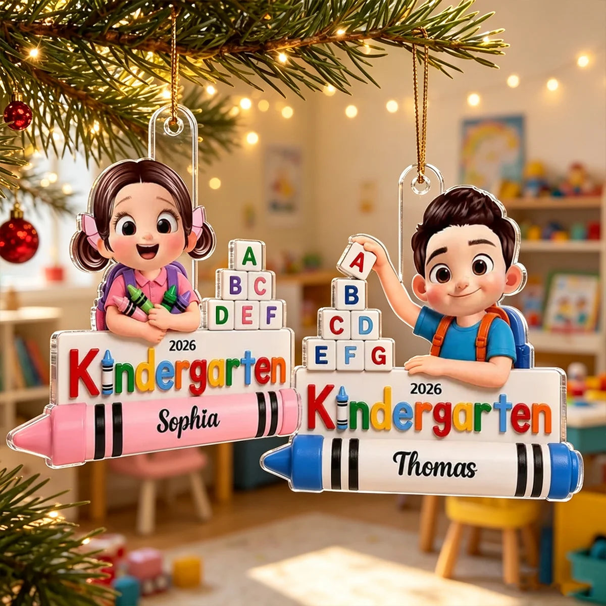 Personalized Acrylic Ornament, Colorful Kindergarten Child Holding Crayons, Unique Back to School Gift for Kids