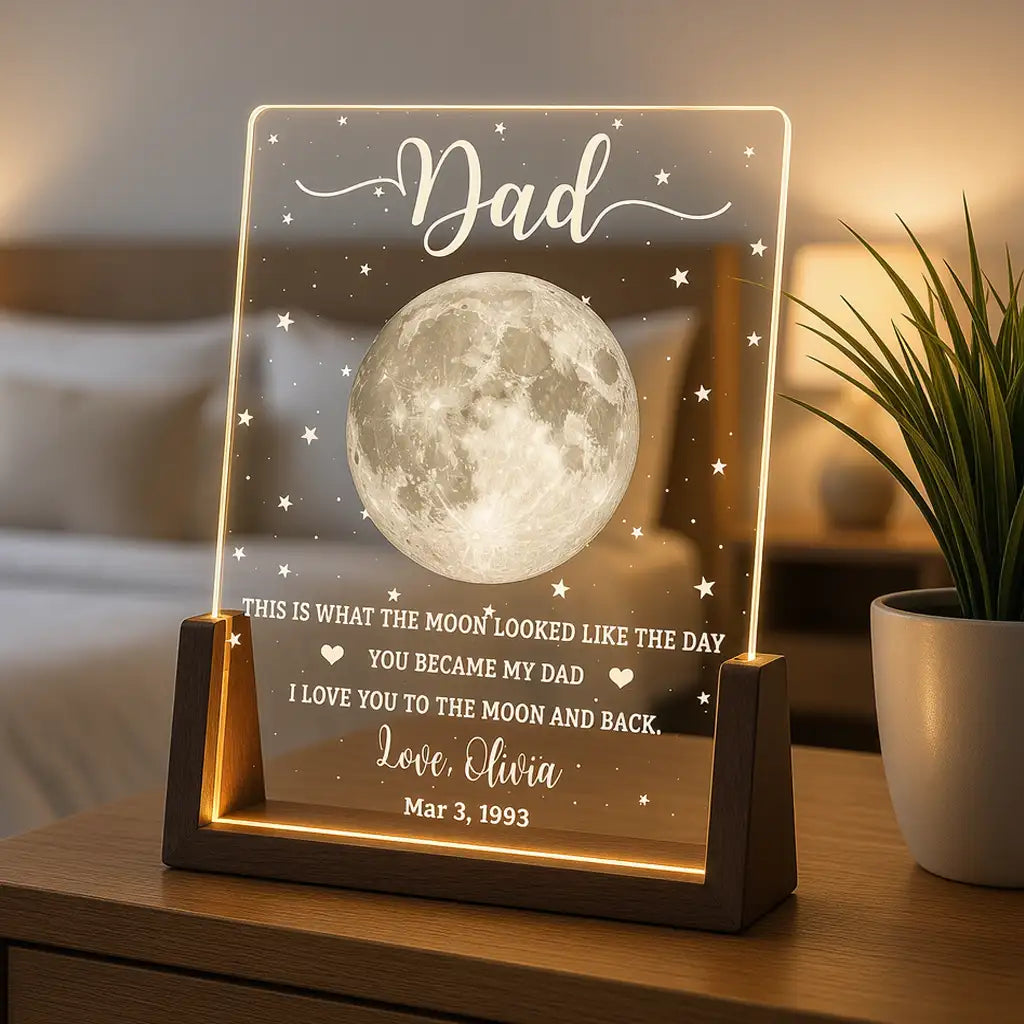 Personalized LED Light Frame With Moon & Stars, Unique Custom Gift for Dad, Warm Bedside Keepsake