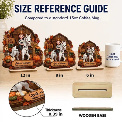 Personalized 2-Layer Wooden Plaque, Cowgirl Riding a Horse by an Autumn Barn, Unique Gift for Horse Lovers