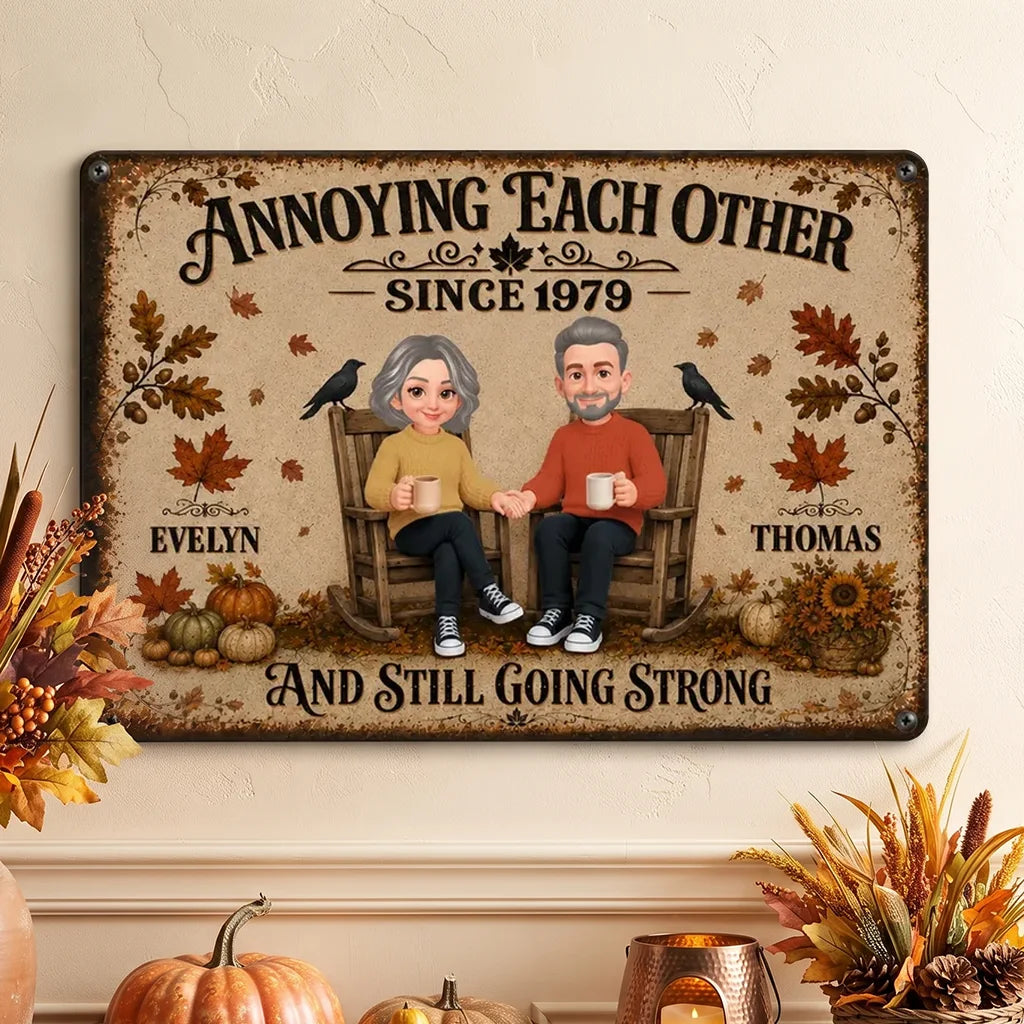 Personalized Rectangular Iron Sign, Retro Couple Holding Hands in Fall, Unique Anniversary Gift for Her or Him