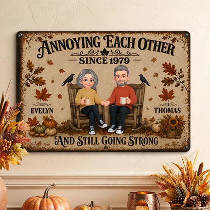 Personalized Rectangular Iron Sign, Retro Couple Holding Hands in Fall, Unique Anniversary Gift for Her or Him