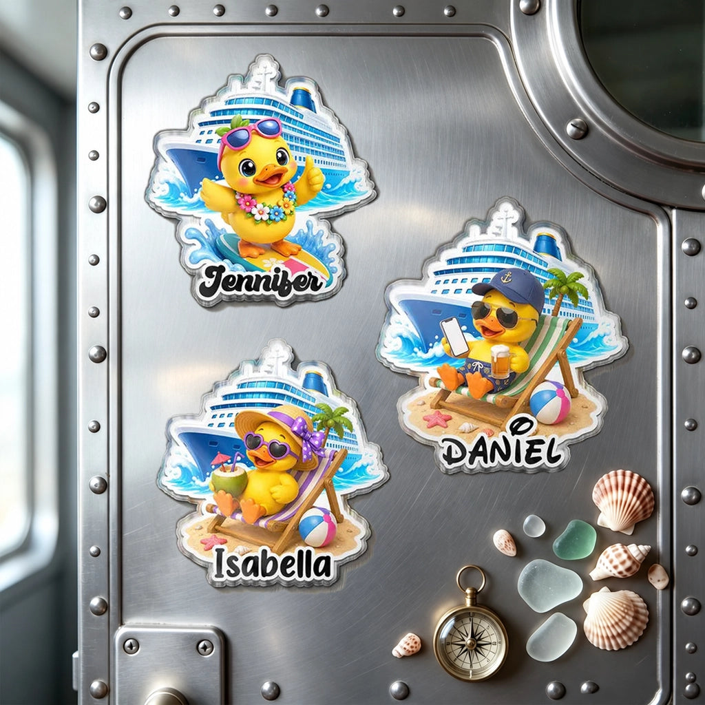 Personalized Acrylic Magnet, Cruise Duck Lounging by the Ship, Colorful Unique Gift for Family & Friends