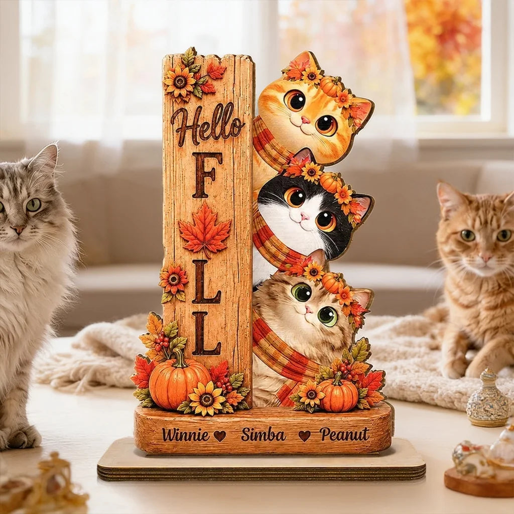 Hello Fall Wooden Plaque, Peeking Cartoon Cats and Autumn Leaves, Personalized Keepsake and Creative Gift for Pet Owners