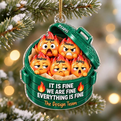 Personalized Dumpster Fire Acrylic Ornament, Cute Cartoon Team Scene, Unique Christmas Gift for Coworkers