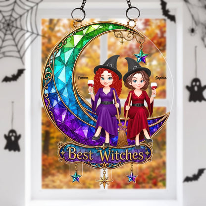 Personalized Acrylic Suncatcher Ornament, Witch Friends On Moon, Unique Halloween Gift For Friends