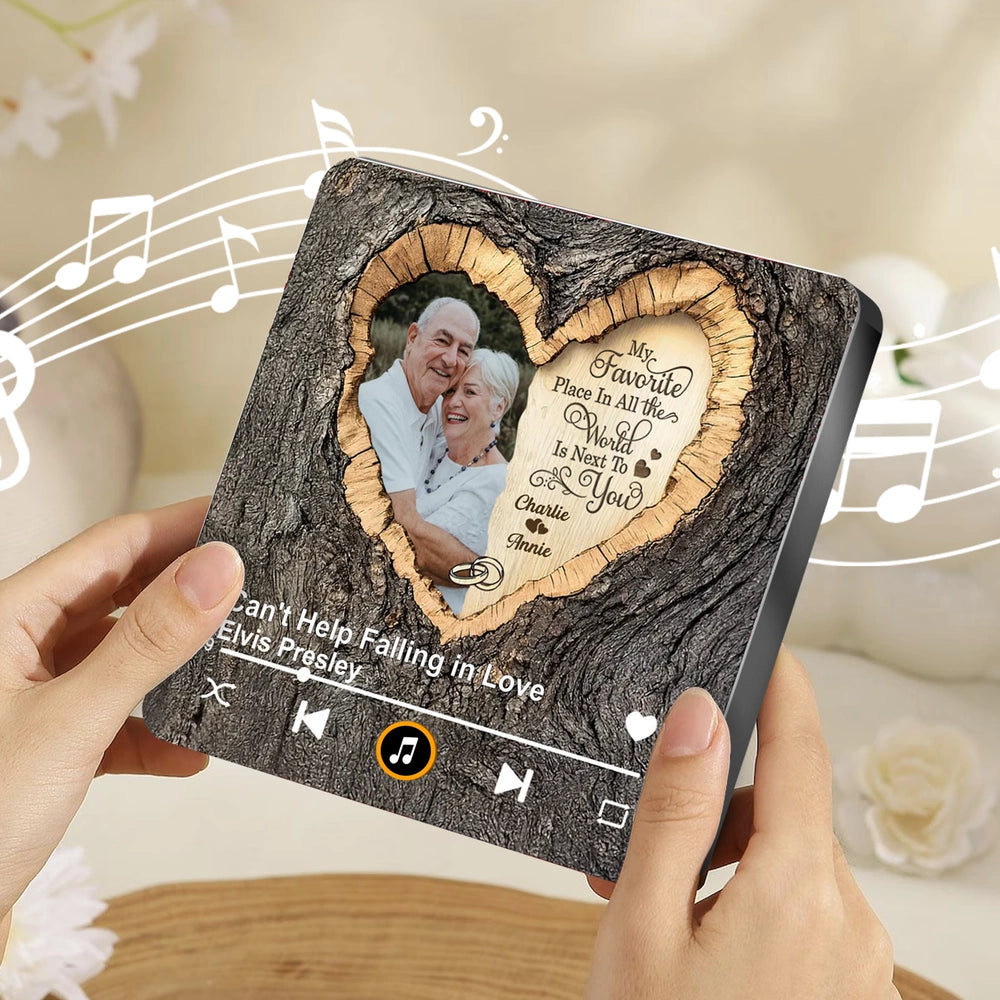 Personalized Acrylic Music Magnet with Couple Photo Heart Woodgrain Look, Romantic Fridge Decor, Unique Gift for Him or Her