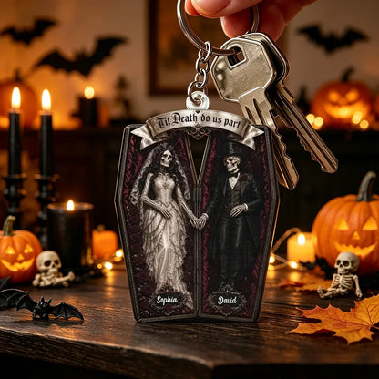 Personalized Acrylic Keychain, Gothic Coffin Skeleton Bride and Groom, Unique Halloween Gift for Couples