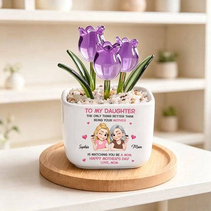 Personalized Square Glass Planter with Purple Tulips, Unique Creative Gift for Daughter From Mom