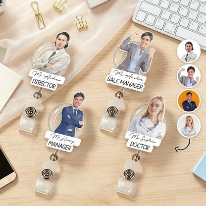Personalized Acrylic Badge Reel with Illustrated Portrait Character, Unique Creative Gift for Coworker