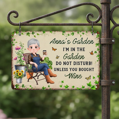 Personalized Rectangular Iron Sign, Relaxing Woman in a Leafy Garden, Unique Gift for Gardeners