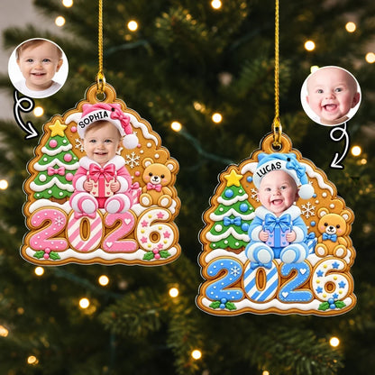 Personalized Acrylic Ornament, Gingerbread Baby Holding a Gift, Colorful Christmas Decor and Unique Family Gift