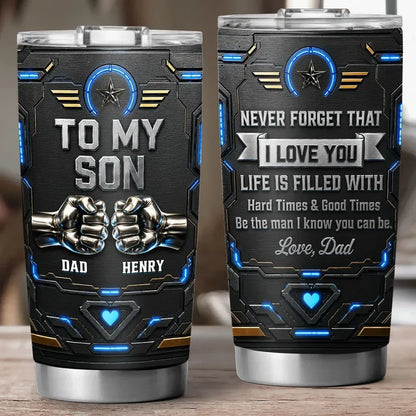 Personalized Insulated Travel Tumbler for Son, Dad Quote with Blue Neon Fists, Unique Creative Gift